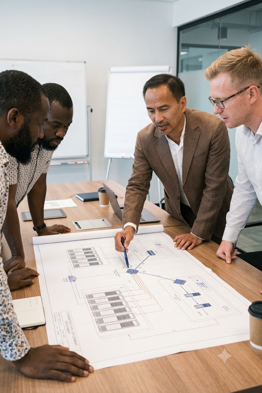 Revue de schéma d'architecture réseau avec une équipe technique