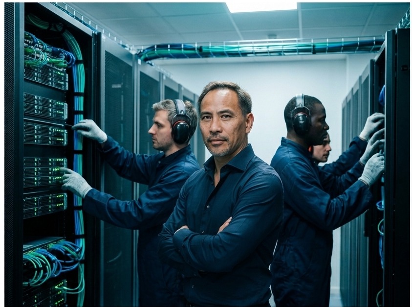 Éric Vo-Van avec une équipe d'ingénieurs devant des baies informatiques en salle serveur